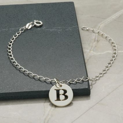 Sterling Silver Curb link Anklet With silver cut out  Initial Disc Charm