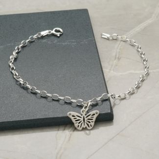 Sterling Silver Bracelet With Butterfly Charm & Chain Style Choice