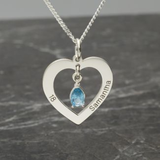 Sterling Silver Personalised Heart And Teardrop Birthstone Necklace