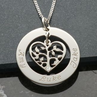 Sterling Silver Filigree Heart Tree of Life Family Necklace With Crystal Or Real Diamond