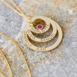 9ct Solid Yellow Gold Engraved Triple Disc Personalised Family Necklace With Ruby & Optional Chain